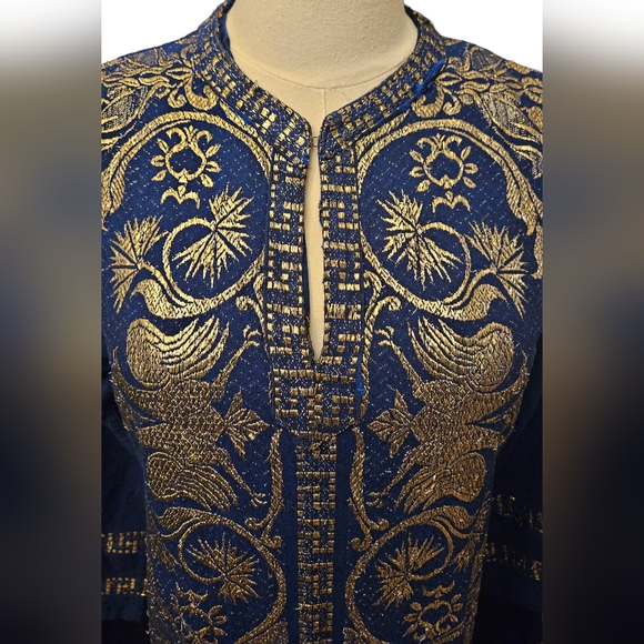💝1970s Blue and Gold Brocade Caftan Maxi Dress - Picture 3 of 14